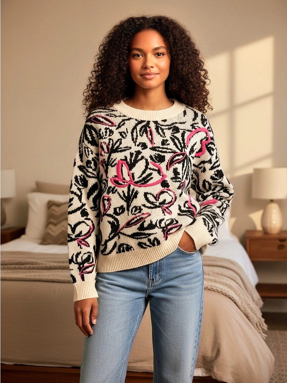 Anthropologie Abstract Knit Sweater in Cream & Black Size Small